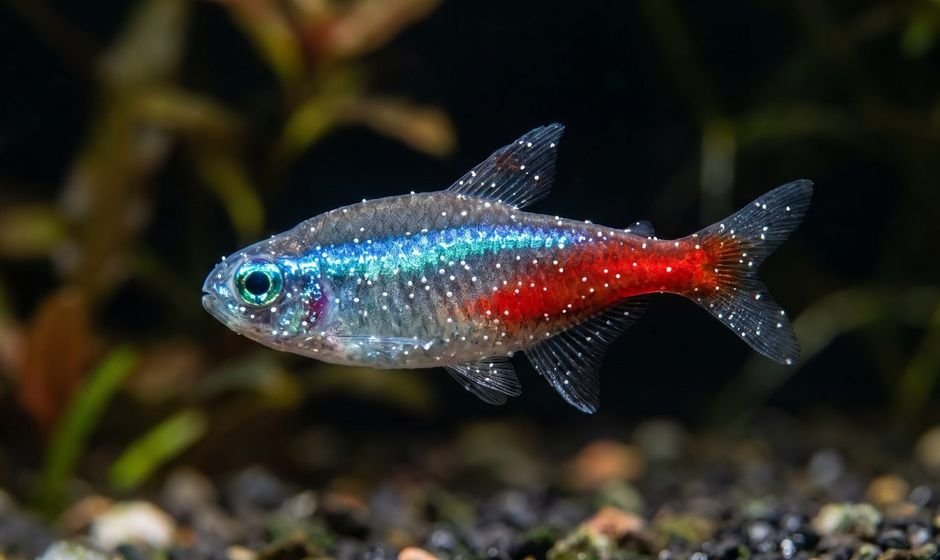 Freshwater fish covered in uniform white ich spots like grains of salt