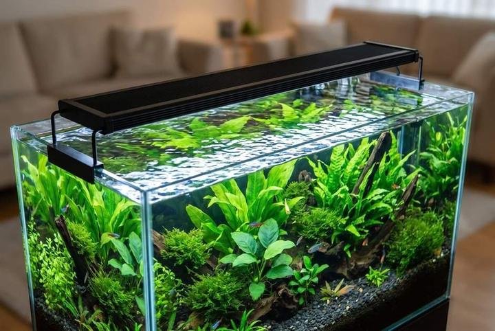 An LED light bar over a planted aquarium