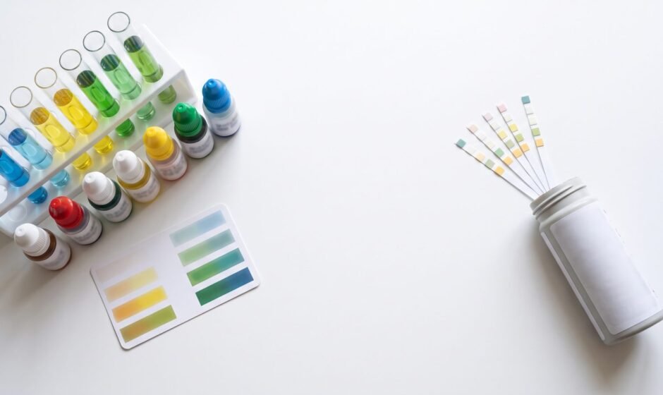 Liquid aquarium master test kit next to a bottle of paper test strips on a white table