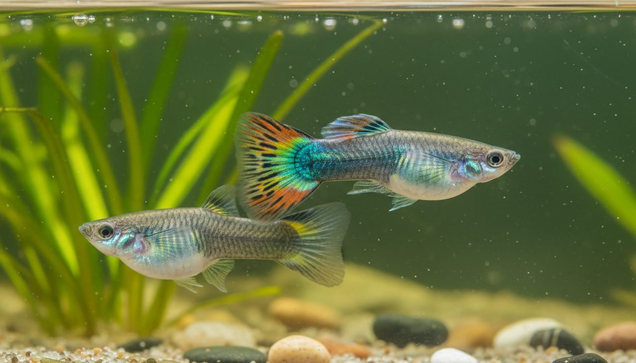 Male guppy with big colorful tail beside a larger, plainer female
