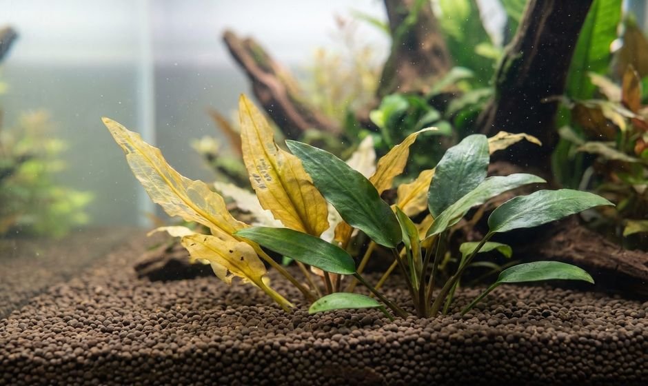 Cryptocoryne with yellowing melting leaves next to healthy green growth
