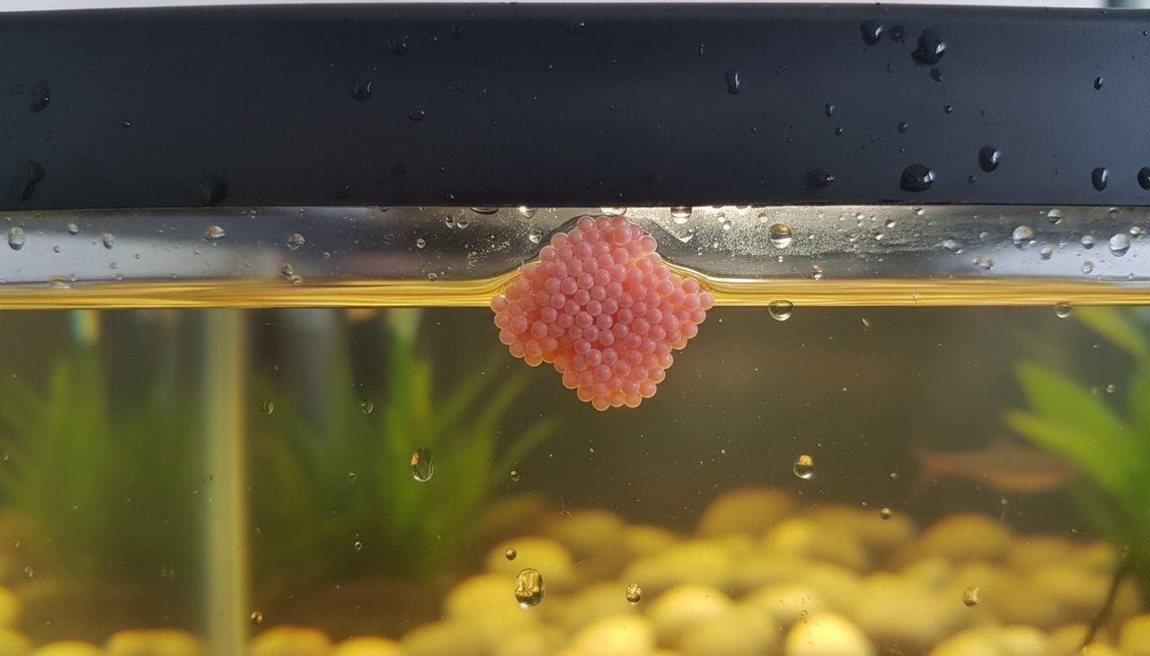 Pink mystery snail egg clutch laid above the waterline under the tank lid