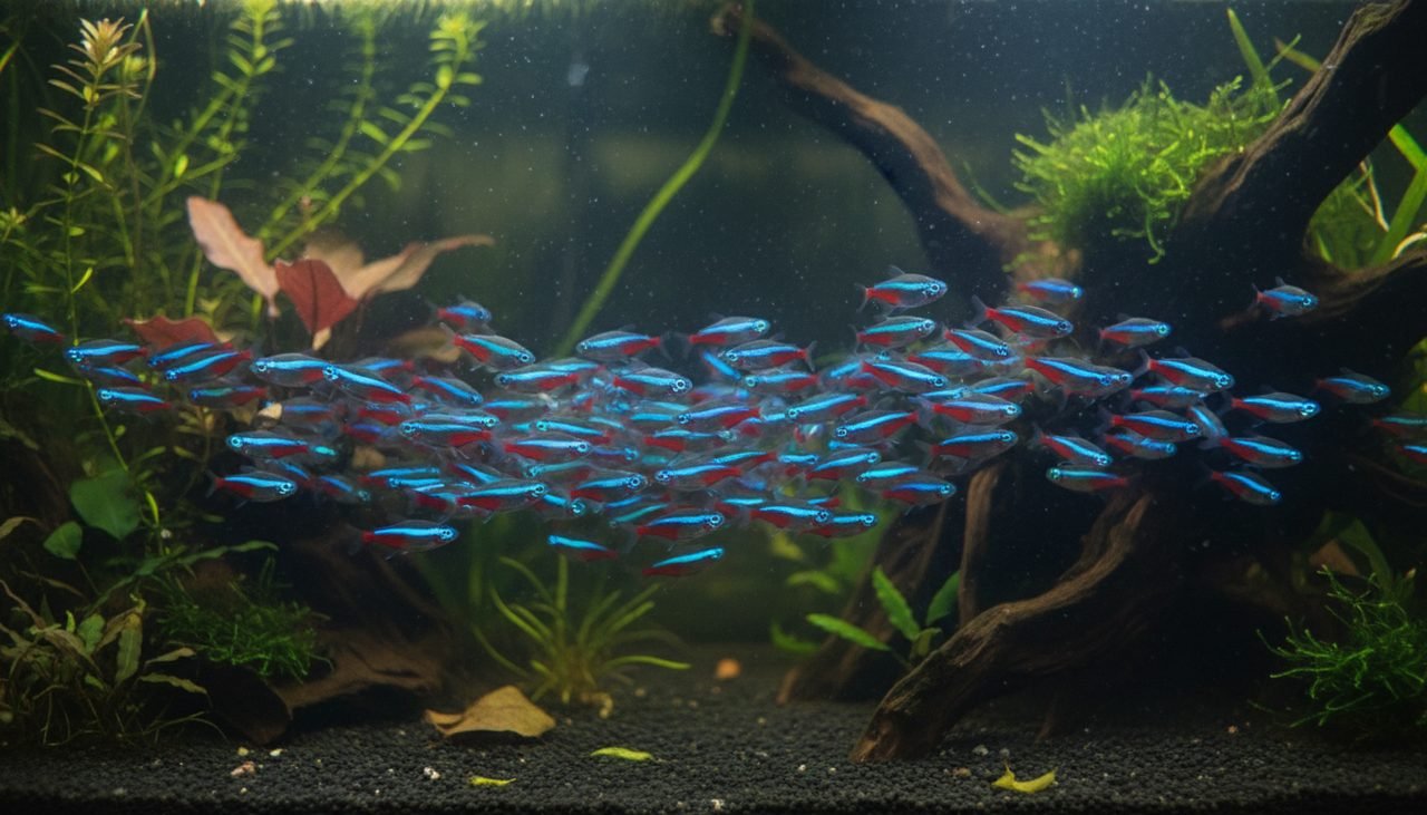 A dozen neon tetras moving as one: schooling multiplies the color