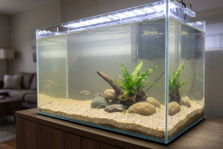 A new aquarium with hazy cloudy water and a few fish