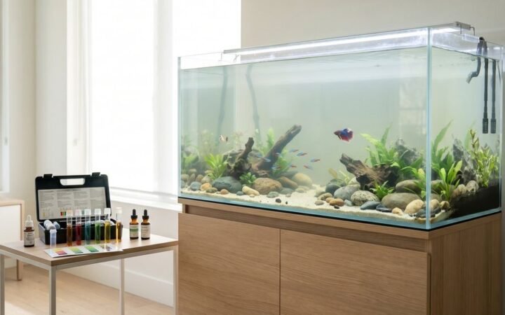 A new aquarium with slightly hazy water and a liquid test kit beside it
