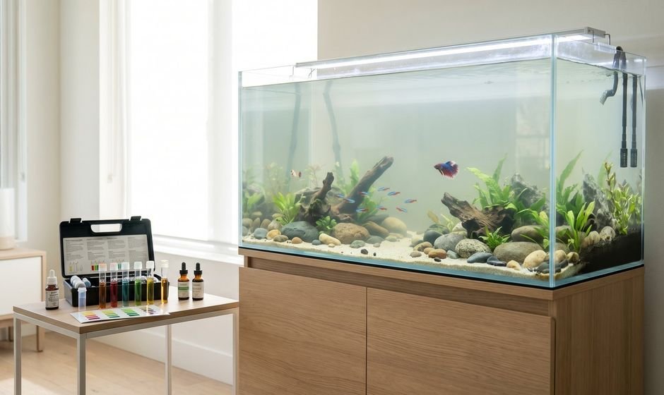 A new aquarium with slightly hazy water and a liquid test kit beside it