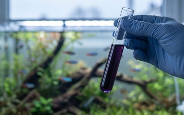 Deep purple nitrite test tube held up in front of a freshwater community tank