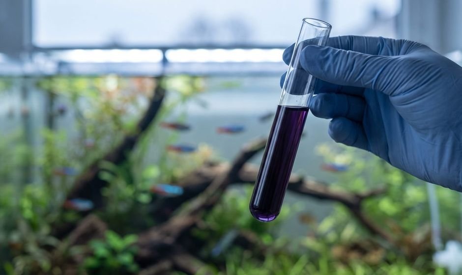 Deep purple nitrite test tube held up in front of a freshwater community tank