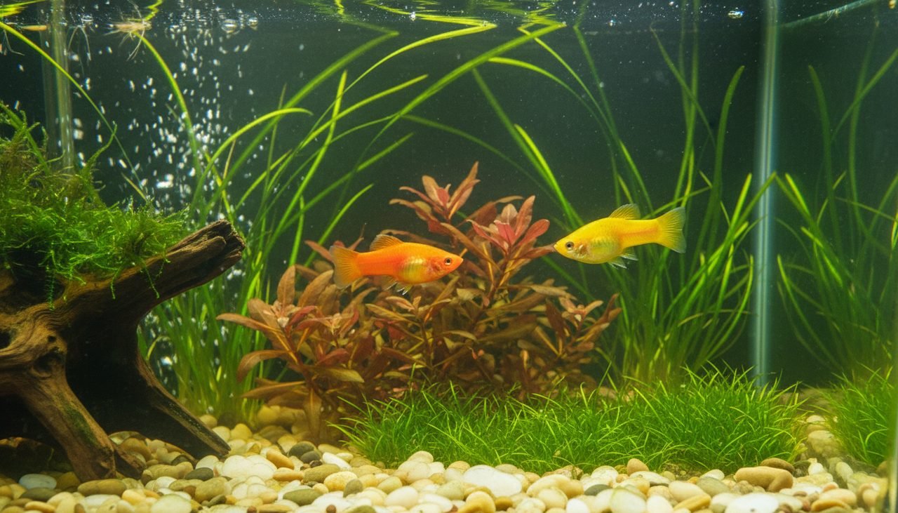 Orange platies, hardy livebearers that anchor the beginner list