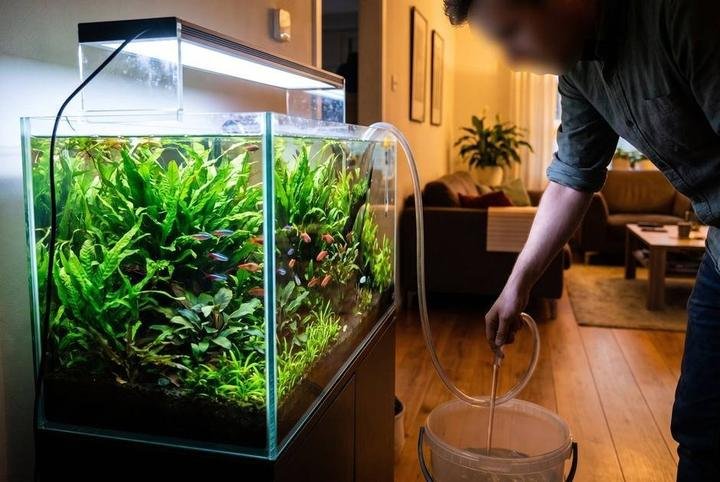 Draining tank water into a bucket with a siphon during a partial water change