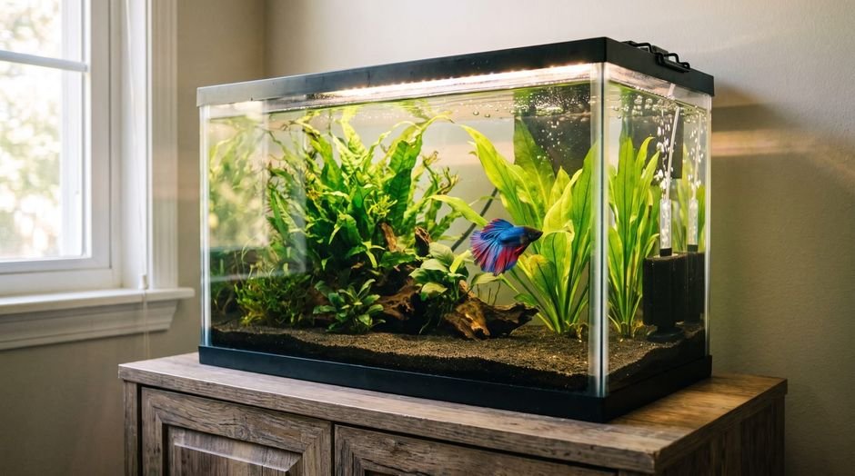 A planted 10-gallon tank with a single betta and sponge filter