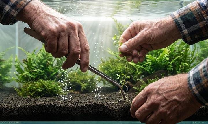 Planting a stem plant into aquarium gravel with aquascaping tweezers