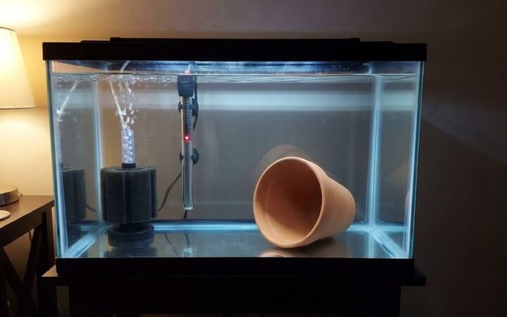 Bare-bottom quarantine tank with sponge filter, heater and terracotta pot cave