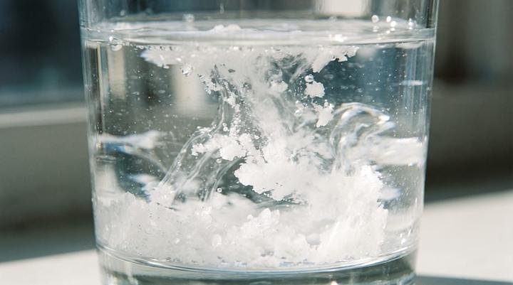Salt crystals dissolving in a glass of water before dosing