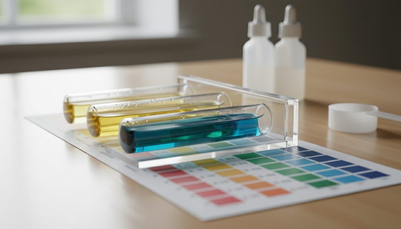 Liquid test tubes and color chart: the first move for any fish swimming sideways