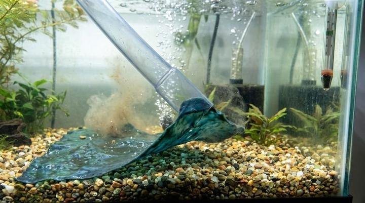 Siphon hose lifting a sheet of blue-green cyanobacteria off aquarium gravel
