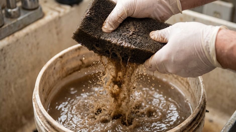 Squeezing a mature filter sponge into tank water