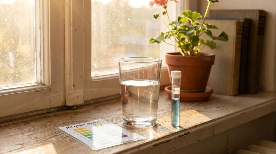 Glass of tap water on a windowsill beside a pH test tube for the 24-hour glass test