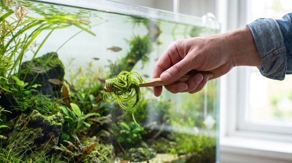 Toothbrush with green hair algae threads wound around its bristles