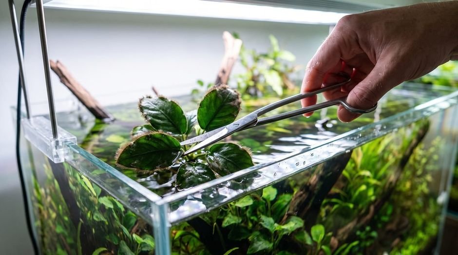 Aquascaping scissors trimming an anubias leaf edged with black beard algae
