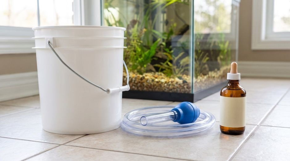 Bucket, siphon and dechlorinator staged for a water change