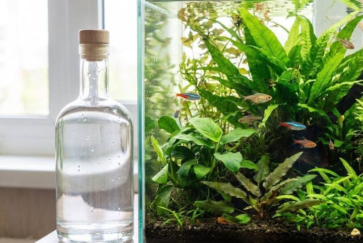 A bottle of aquarium water conditioner beside a fish tank