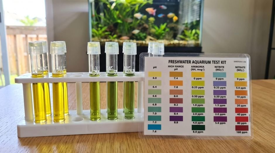 Aquarium water test tubes beside a color comparison chart