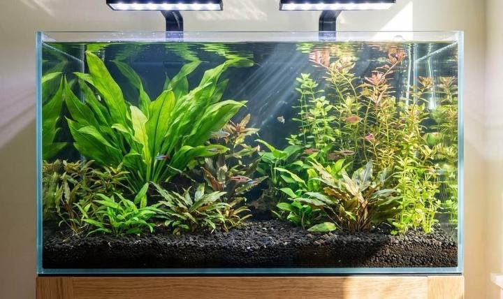 A well-fed planted aquarium with lush green sword plants and cryptocorynes