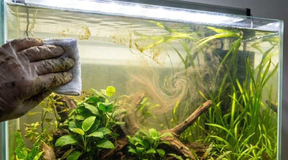 Hand wiping brown diatom algae off aquarium glass with a white pad