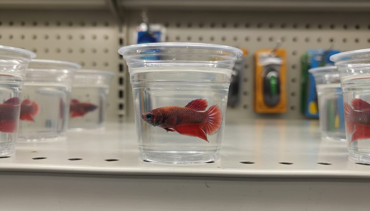 Young short-finned betta alert in a store cup, the buy-for-lifespan pick